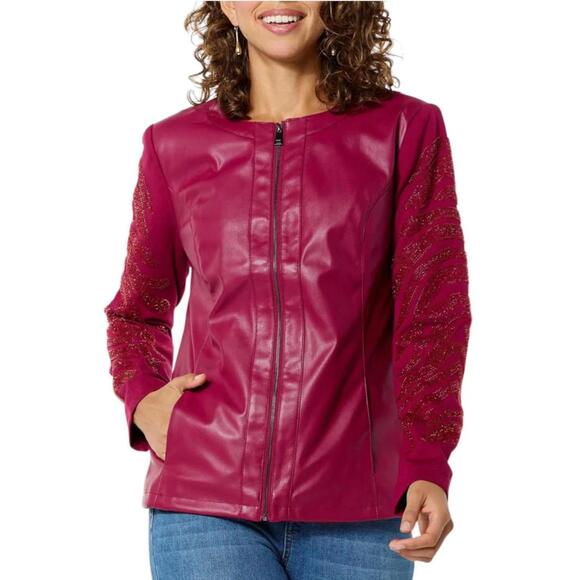Colleen Lopez Jackets & Blazers - Colleen Lopez Beaded Mesh Sleeve Faux Leather Moto Jacket Size XS
